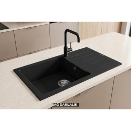 Sağ Damlalıklı 86x43,5 cm Siyah Granit Mutfak Evyesi RealStone Assos 86 XL P011