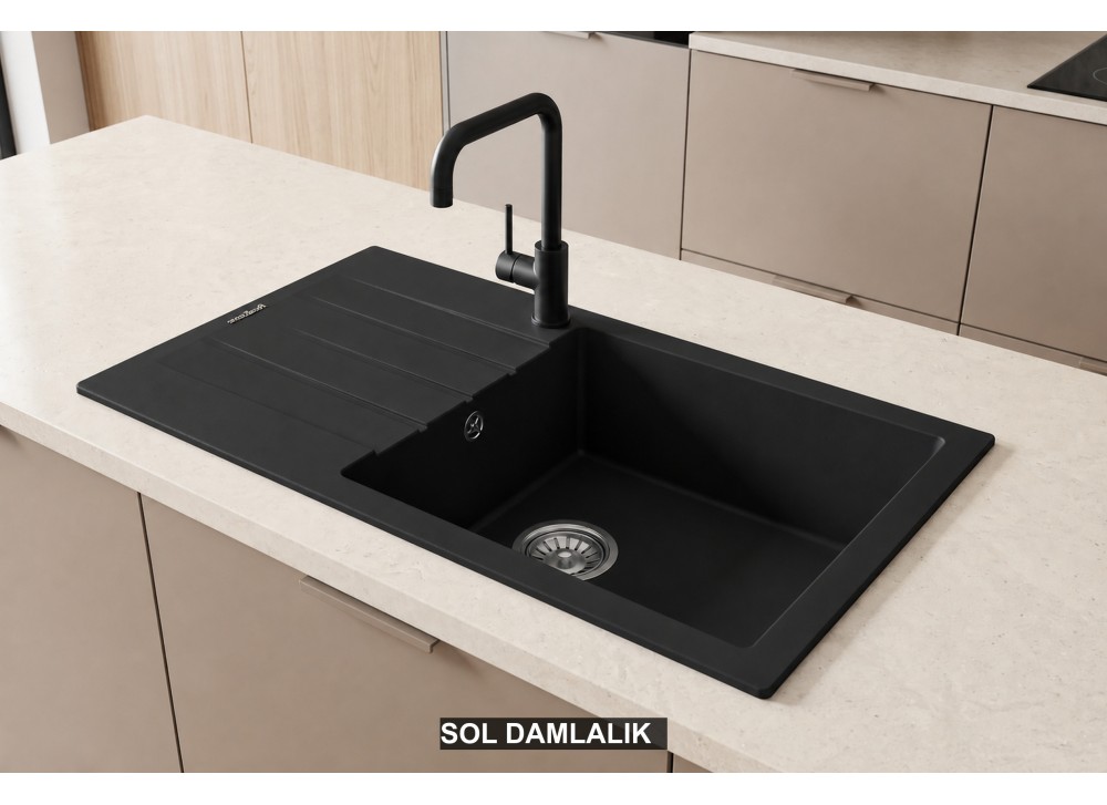 Sol Damlalıklı 86x43,5 cm Siyah Granit Mutfak Evyesi RealStone Assos 86 XL P011 Sol Damlalıklı 86x43,5 cm Siyah Granit Mutfak Evyesi RealStone Assos 86 XL P011