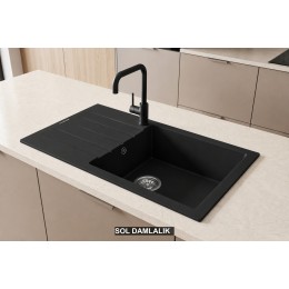 Sol Damlalıklı 86x43,5 cm Siyah Granit Mutfak Evyesi RealStone Assos 86 XL P011