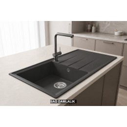 Sağ Damlalıklı 100x50 cm Antrasit Granit Mutfak Evyesi RealStone Efes 100 P012