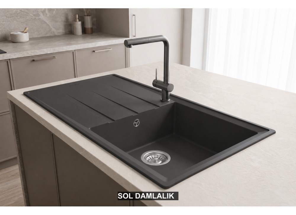 Sol Damlalıklı 100x50 cm Antrasit Granit Mutfak Evyesi RealStone Efes 100 P012 Sol Damlalıklı 100x50 cm Antrasit Granit Mutfak Evyesi RealStone Efes 100 P012
