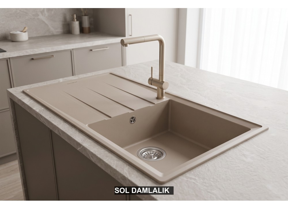 Sol Damlalıklı 100x50 cm Cappuccino Granit Mutfak Evyesi RealStone Efes 100 P012 Sol Damlalıklı 100x50 cm Cappuccino Granit Mutfak Evyesi RealStone Efes 100 P012