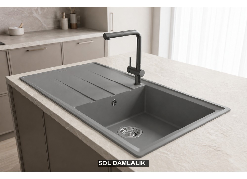 Sol Damlalıklı 100x50 cm Gri Granit Mutfak Evyesi RealStone Efes 100 P012 Sol Damlalıklı 100x50 cm Gri Granit Mutfak Evyesi RealStone Efes 100 P012