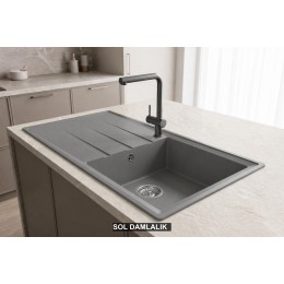 Sol Damlalıklı 100x50 cm Gri Granit Mutfak Evyesi RealStone Efes 100 P012