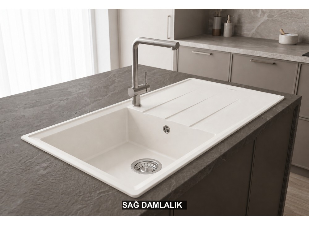 Sağ Damlalıklı 100x50 cm Beyaz Granit Mutfak Evyesi RealStone Efes 100 P012 Sağ Damlalıklı 100x50 cm Beyaz Granit Mutfak Evyesi RealStone Efes 100 P012