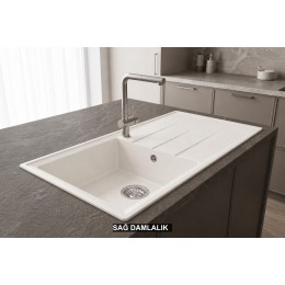 Sağ Damlalıklı 100x50 cm Beyaz Granit Mutfak Evyesi RealStone Efes 100 P012