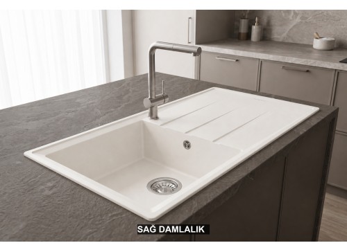 Sağ Damlalıklı 100x50 cm Beyaz Granit Mutfak Evyesi RealStone Efes 100 P012 Sağ Damlalıklı 100x50 cm Beyaz Granit Mutfak Evyesi RealStone Efes 100 P012