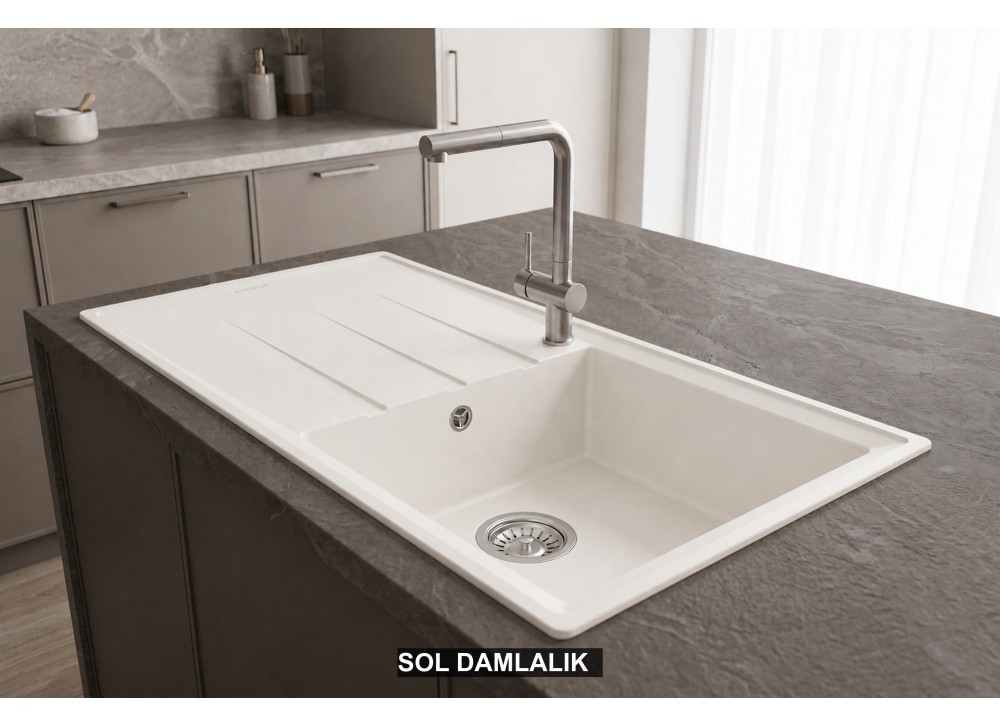 Sol Damlalıklı 100x50 cm Beyaz Granit Mutfak Evyesi RealStone Efes 100 P012 Sol Damlalıklı 100x50 cm Beyaz Granit Mutfak Evyesi RealStone Efes 100 P012