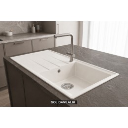 Sol Damlalıklı 100x50 cm Beyaz Granit Mutfak Evyesi RealStone Efes 100 P012