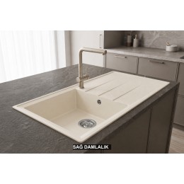 Sağ Damlalıklı 100x50 cm Krem Granit Mutfak Evyesi RealStone Efes 100 P012