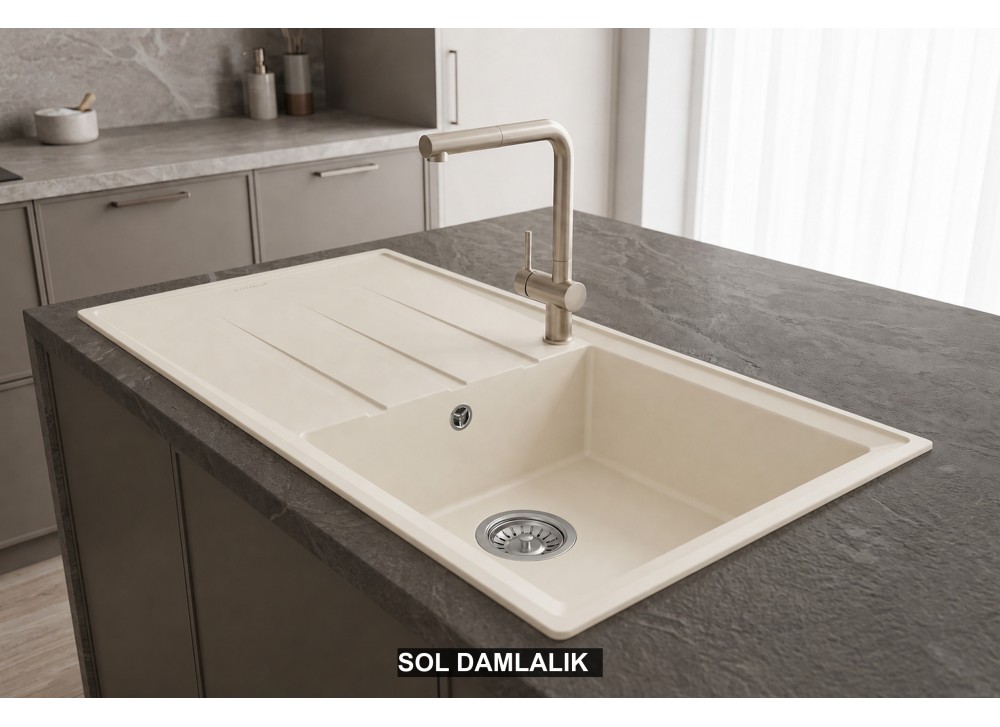 Sol Damlalıklı 100x50 cm Krem Granit Mutfak Evyesi RealStone Efes 100 P012 Sol Damlalıklı 100x50 cm Krem Granit Mutfak Evyesi RealStone Efes 100 P012