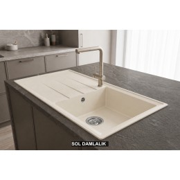 Sol Damlalıklı 100x50 cm Krem Granit Mutfak Evyesi RealStone Efes 100 P012