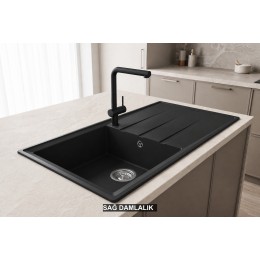Sağ Damlalıklı 100x50 cm Siyah Granit Mutfak Evyesi RealStone Efes 100 P012