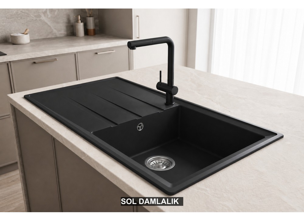 Sol Damlalıklı 100x50 cm Siyah Granit Mutfak Evyesi RealStone Efes 100 P012 Sol Damlalıklı 100x50 cm Siyah Granit Mutfak Evyesi RealStone Efes 100 P012