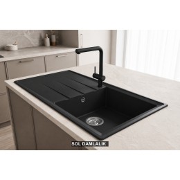 Sol Damlalıklı 100x50 cm Siyah Granit Mutfak Evyesi RealStone Efes 100 P012