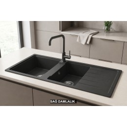 Sağ Damlalıklı 116x50 cm Antrasit Granit Mutfak Evyesi RealStone Esila P021