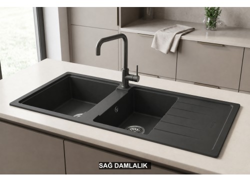 Sağ Damlalıklı 116x50 cm Antrasit Granit Mutfak Evyesi RealStone Esila P021 Sağ Damlalıklı 116x50 cm Antrasit Granit Mutfak Evyesi RealStone Esila P021