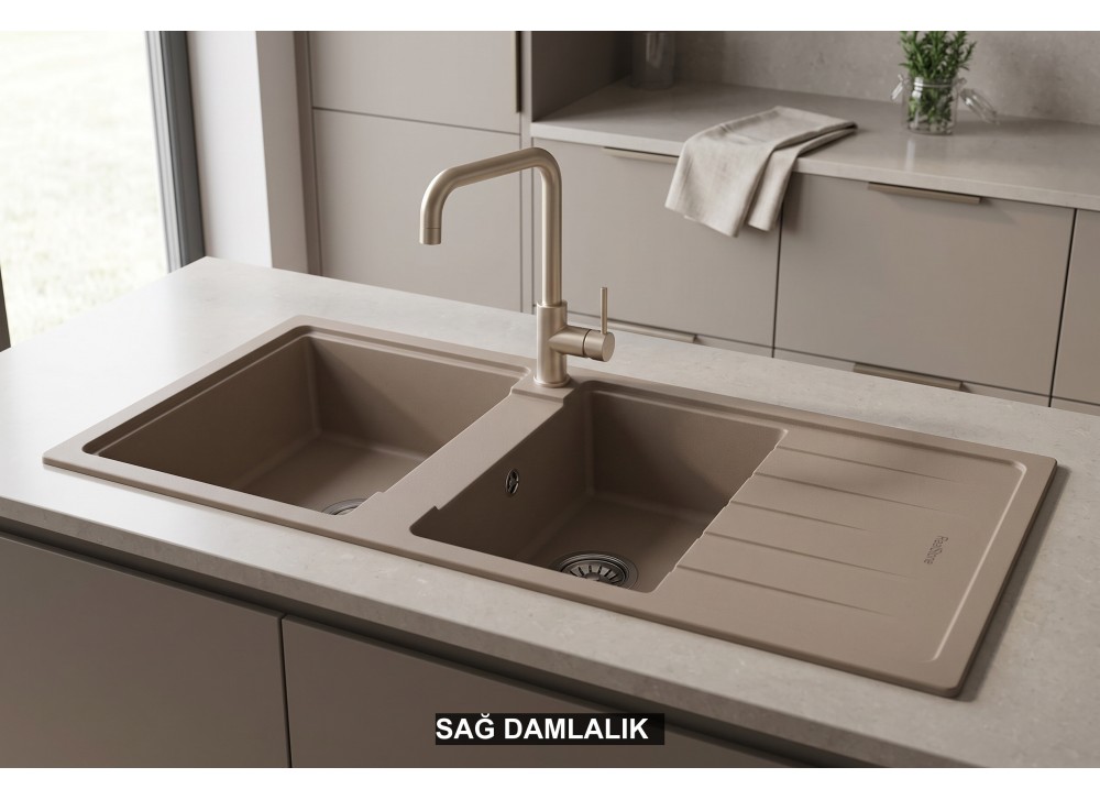Sağ Damlalıklı 116x50 cm Cappuccino Granit Mutfak Evyesi RealStone Esila P021 Sağ Damlalıklı 116x50 cm Cappuccino Granit Mutfak Evyesi RealStone Esila P021