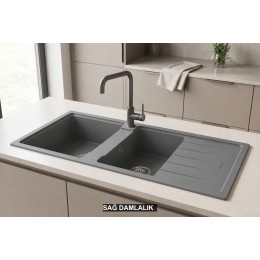 Sağ Damlalıklı 116x50 cm Gri Granit Mutfak Evyesi RealStone Esila P021