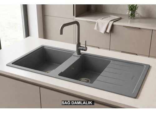 Sağ Damlalıklı 116x50 cm Gri Granit Mutfak Evyesi RealStone Esila P021 Sağ Damlalıklı 116x50 cm Gri Granit Mutfak Evyesi RealStone Esila P021