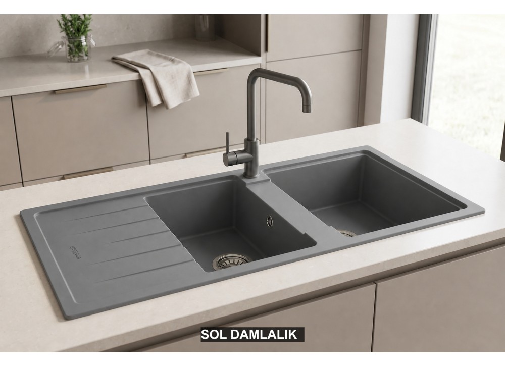 Sol Damlalıklı 116x50 cm Gri Granit Mutfak Evyesi RealStone Esila P021 Sol Damlalıklı 116x50 cm Gri Granit Mutfak Evyesi RealStone Esila P021