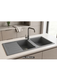 Sol Damlalıklı 116x50 cm Gri Granit Mutfak Evyesi RealStone Esila P021