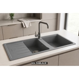 Sol Damlalıklı 116x50 cm Gri Granit Mutfak Evyesi RealStone Esila P021