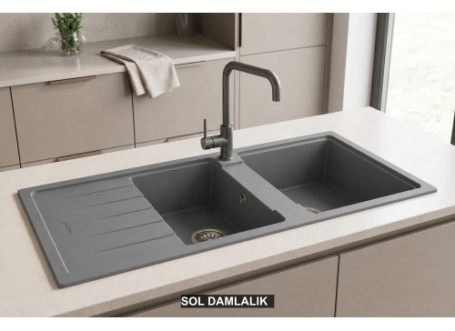 Sol Damlalıklı 116x50 cm Gri Granit Mutfak Evyesi RealStone Esila P021 Sol Damlalıklı 116x50 cm Gri Granit Mutfak Evyesi RealStone Esila P021
