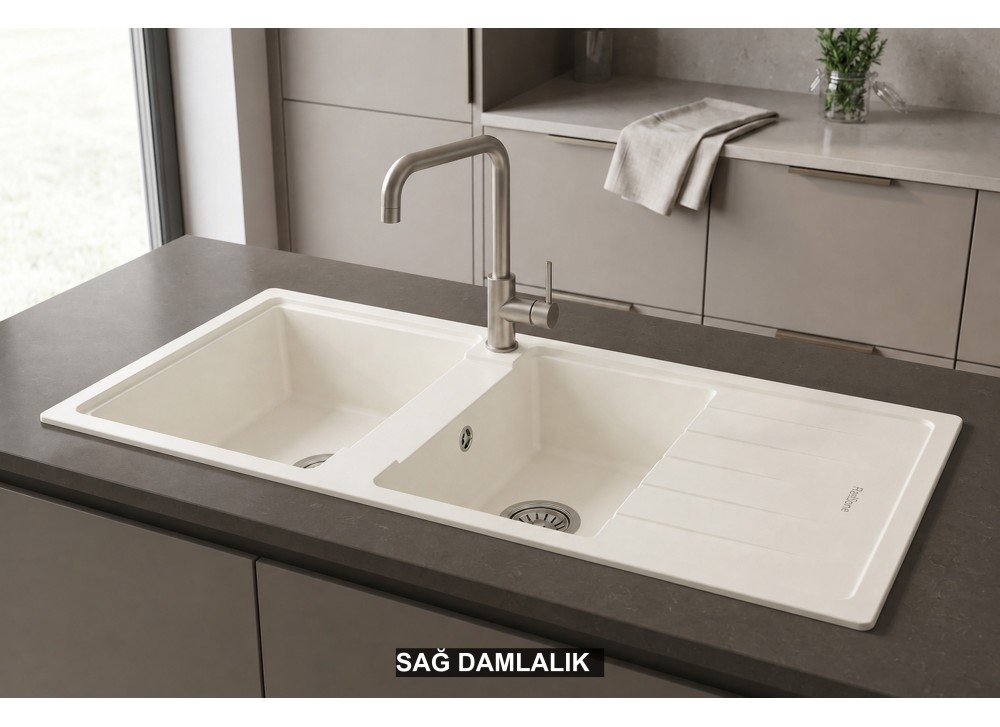 Sağ Damlalıklı 116x50 cm Beyaz Granit Mutfak Evyesi RealStone Esila P021 Sağ Damlalıklı 116x50 cm Beyaz Granit Mutfak Evyesi RealStone Esila P021