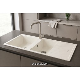 Sağ Damlalıklı 116x50 cm Beyaz Granit Mutfak Evyesi RealStone Esila P021