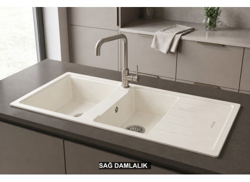 Sağ Damlalıklı 116x50 cm Beyaz Granit Mutfak Evyesi RealStone Esila P021 Sağ Damlalıklı 116x50 cm Beyaz Granit Mutfak Evyesi RealStone Esila P021