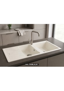 Sol Damlalıklı 116x50 cm Beyaz Granit Mutfak Evyesi RealStone Esila P021