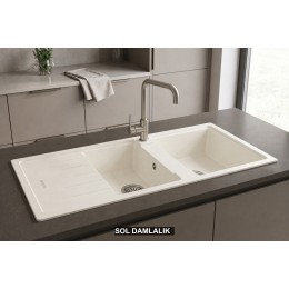 Sol Damlalıklı 116x50 cm Beyaz Granit Mutfak Evyesi RealStone Esila P021