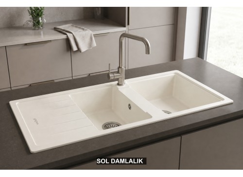 Sol Damlalıklı 116x50 cm Beyaz Granit Mutfak Evyesi RealStone Esila P021 Sol Damlalıklı 116x50 cm Beyaz Granit Mutfak Evyesi RealStone Esila P021