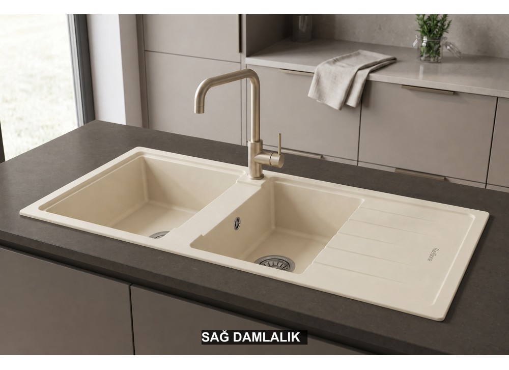 Sağ Damlalıklı 116x50 cm Krem Granit Mutfak Evyesi RealStone Esila P021 Sağ Damlalıklı 116x50 cm Krem Granit Mutfak Evyesi RealStone Esila P021