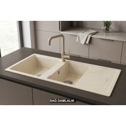 Sağ Damlalıklı 116x50 cm Krem Granit Mutfak Evyesi RealStone Esila P021