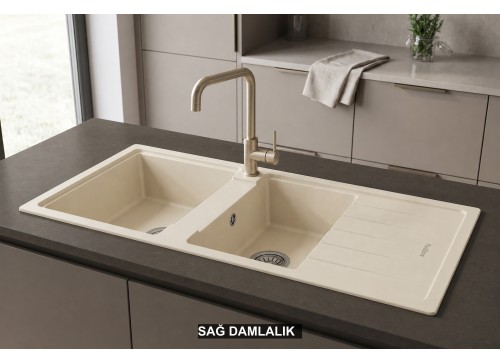 Sağ Damlalıklı 116x50 cm Krem Granit Mutfak Evyesi RealStone Esila P021 Sağ Damlalıklı 116x50 cm Krem Granit Mutfak Evyesi RealStone Esila P021