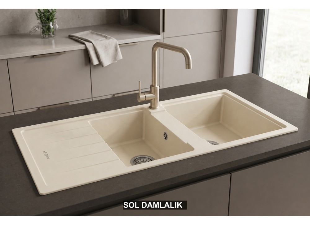Sol Damlalıklı 116x50 cm Krem Granit Mutfak Evyesi RealStone Esila P021 Sol Damlalıklı 116x50 cm Krem Granit Mutfak Evyesi RealStone Esila P021