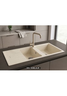 Sol Damlalıklı 116x50 cm Krem Granit Mutfak Evyesi RealStone Esila P021