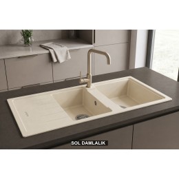Sol Damlalıklı 116x50 cm Krem Granit Mutfak Evyesi RealStone Esila P021