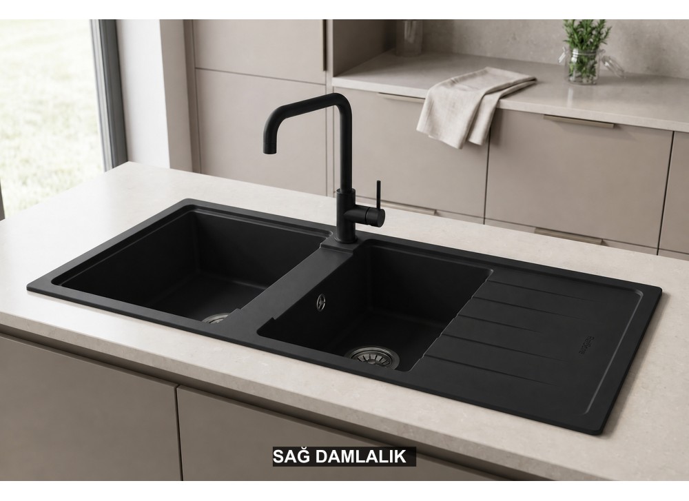 Sağ Damlalıklı 116x50 cm Siyah Granit Mutfak Evyesi RealStone Esila P021 Sağ Damlalıklı 116x50 cm Siyah Granit Mutfak Evyesi RealStone Esila P021