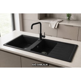 Sağ Damlalıklı 116x50 cm Siyah Granit Mutfak Evyesi RealStone Esila P021
