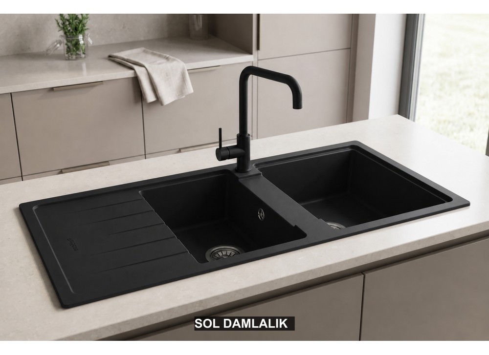 Sol Damlalıklı 116x50 cm Siyah Granit Mutfak Evyesi RealStone Esila P021 Sol Damlalıklı 116x50 cm Siyah Granit Mutfak Evyesi RealStone Esila P021
