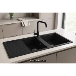 Sol Damlalıklı 116x50 cm Siyah Granit Mutfak Evyesi RealStone Esila P021