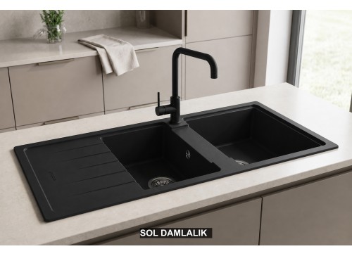 Sol Damlalıklı 116x50 cm Siyah Granit Mutfak Evyesi RealStone Esila P021 Sol Damlalıklı 116x50 cm Siyah Granit Mutfak Evyesi RealStone Esila P021