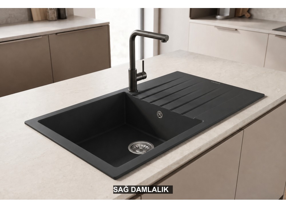 Sağ Damlalıklı 86x50 cm Antrasit Granit Mutfak Evyesi RealStone Laodikya 86 XL P014 Sağ Damlalıklı 86x50 cm Antrasit Granit Mutfak Evyesi RealStone Laodikya 86 XL P014