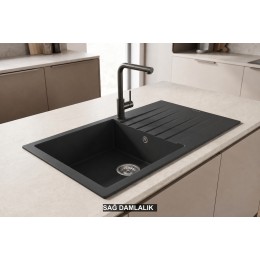 Sağ Damlalıklı 86x50 cm Antrasit Granit Mutfak Evyesi RealStone Laodikya 86 XL P014