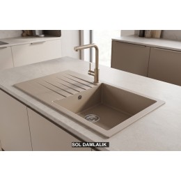 Sol Damlalıklı 86x50 cm Cappuccino Granit Mutfak Evyesi RealStone Laodikya 86 XL P014