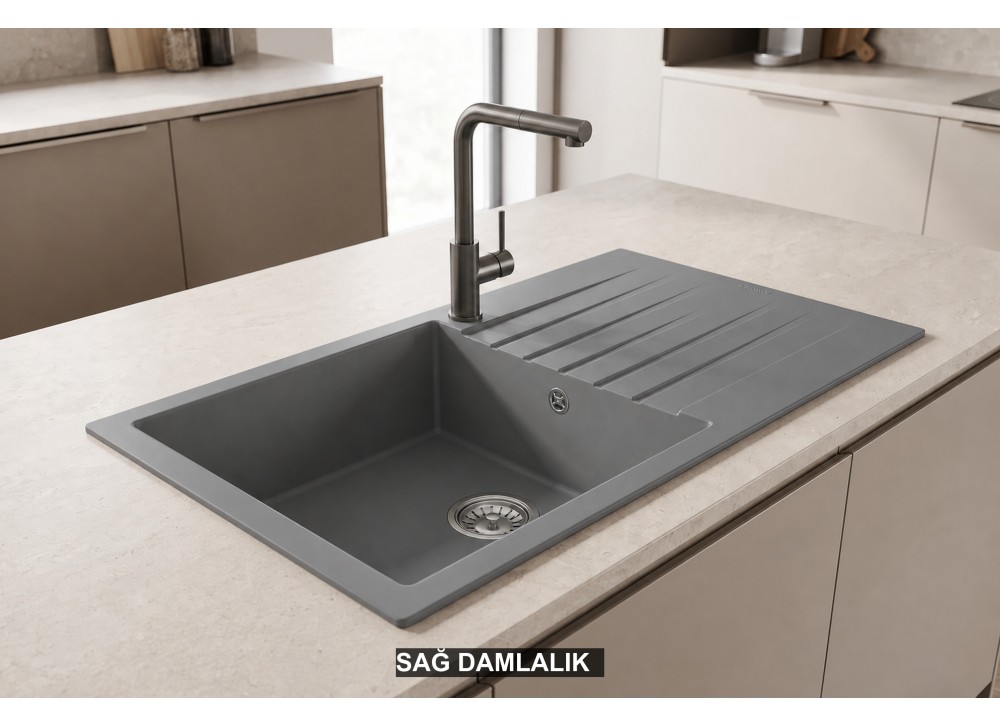 Sağ Damlalıklı 86x50 cm Gri Granit Mutfak Evyesi RealStone Laodikya 86 XL P014 Sağ Damlalıklı 86x50 cm Gri Granit Mutfak Evyesi RealStone Laodikya 86 XL P014