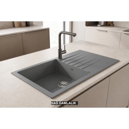 Sağ Damlalıklı 86x50 cm Gri Granit Mutfak Evyesi RealStone Laodikya 86 XL P014